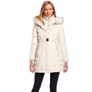 Kensie Hooded Quilted Belted Puffer Small